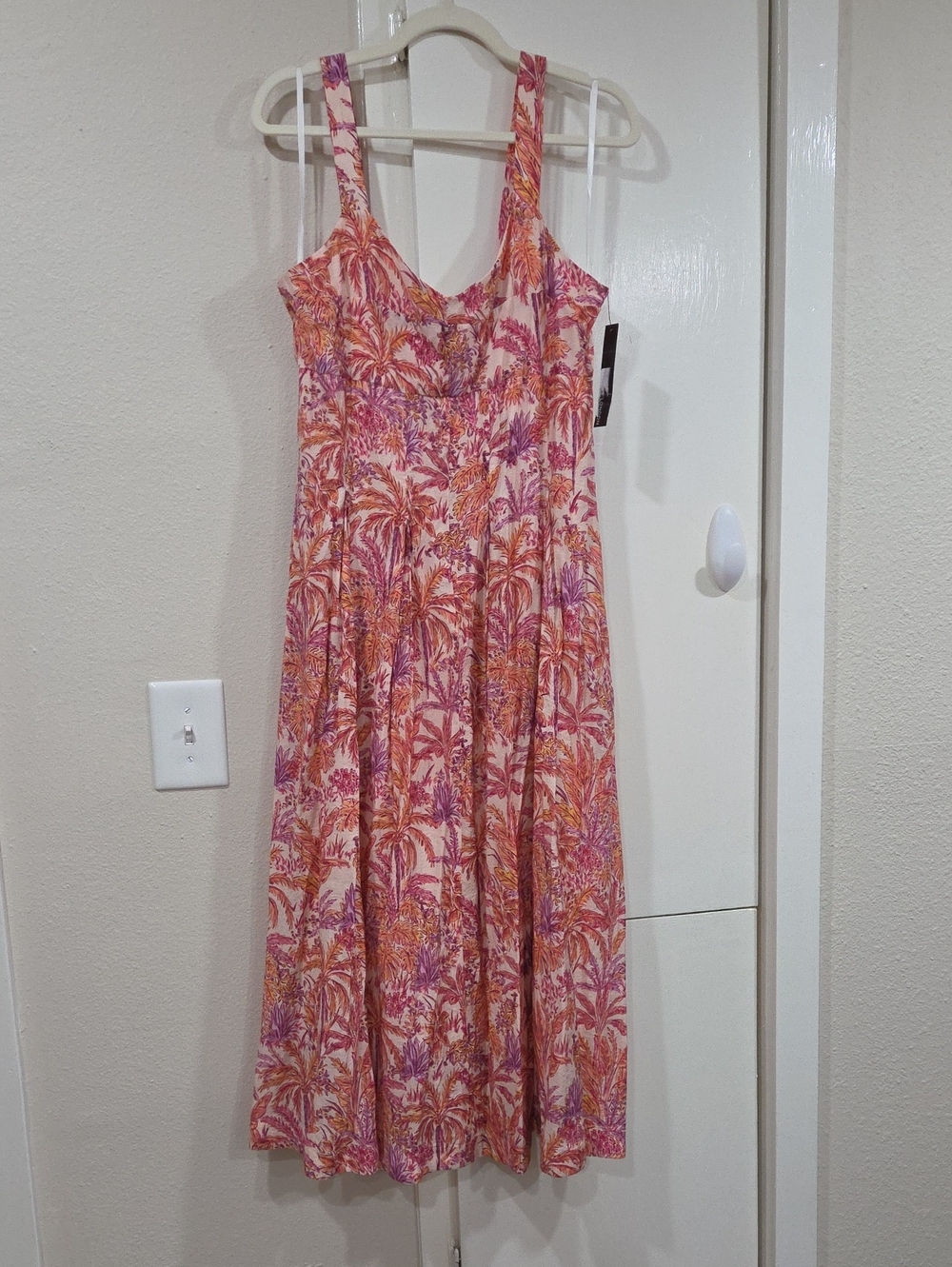 Maggie London Floral Palm-Print Sleeveless Midi Dress in Pink and Orange